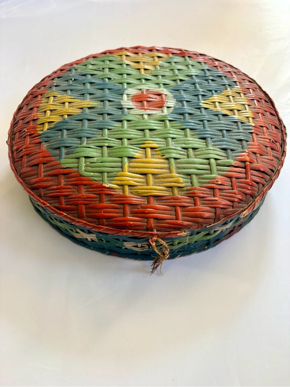 Handwoven Decorative Woven Basket Lid in Red, Green and Blue
